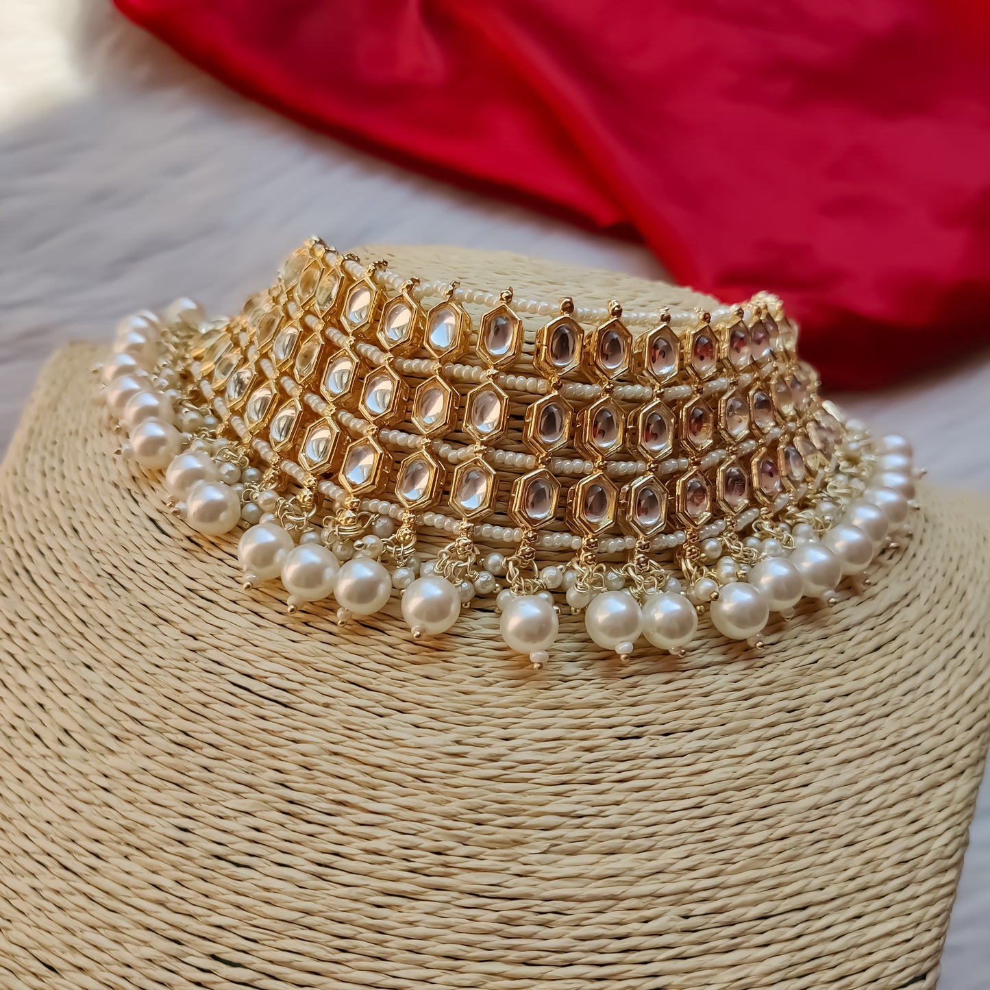 Mehvish Golden Kundan Necklace Set with Earrings & Tika
