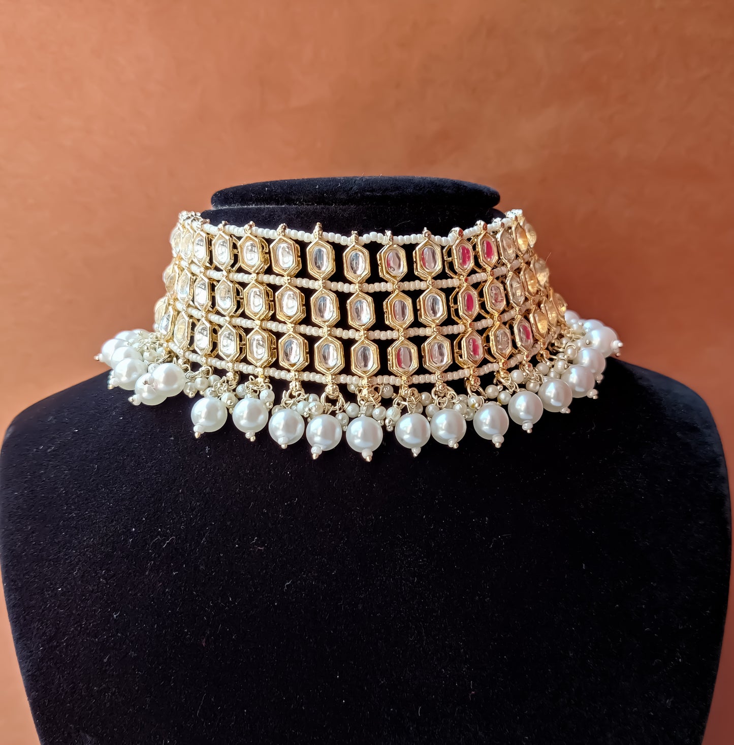 Mehvish Golden Kundan Necklace Set with Earrings & Tika