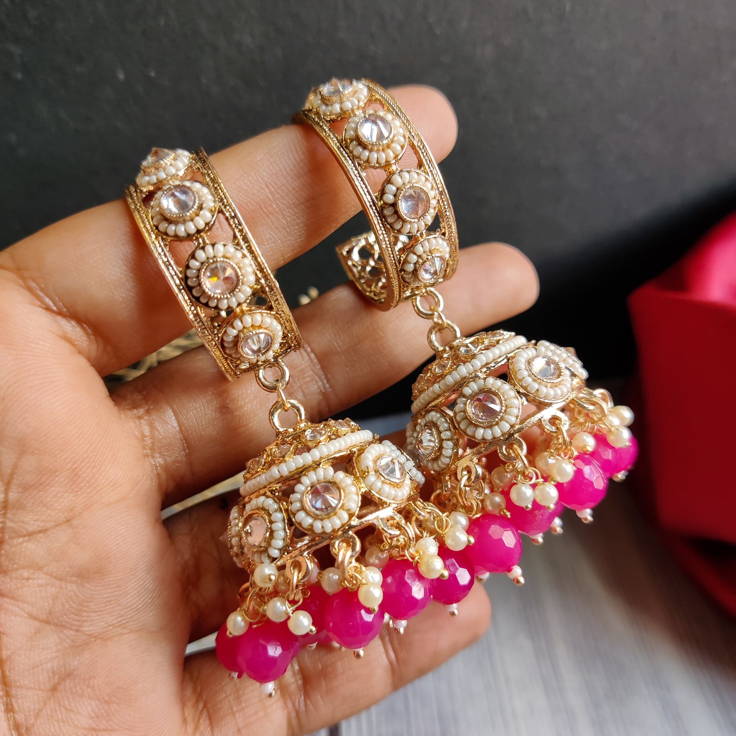 Amrina Premium Bali Jhumka Earrings - Hot Pink