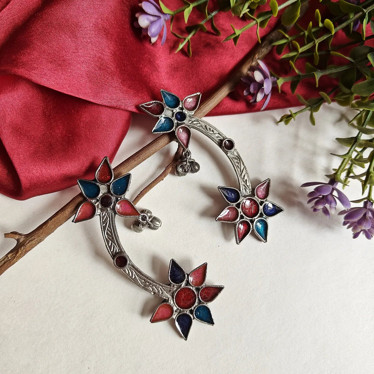 Floral Silver Cuff Drop Earrings