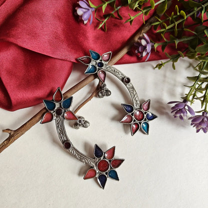 Floral Silver Cuff Drop Earrings