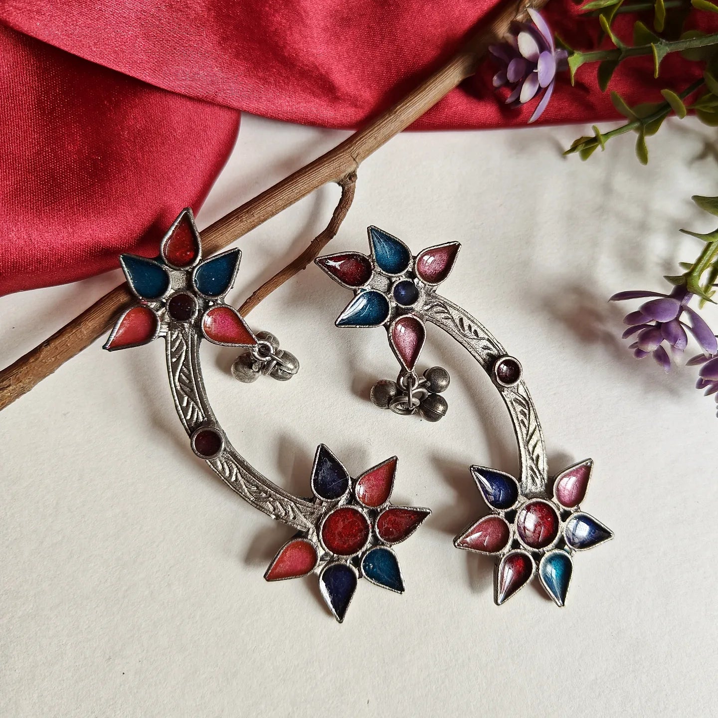 Floral Silver Cuff Drop Earrings