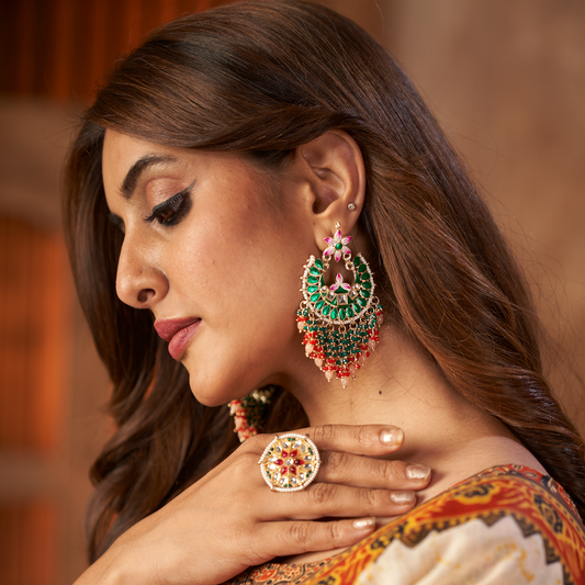 Reet Meenakari Crystal Chandbali Earrings - Green