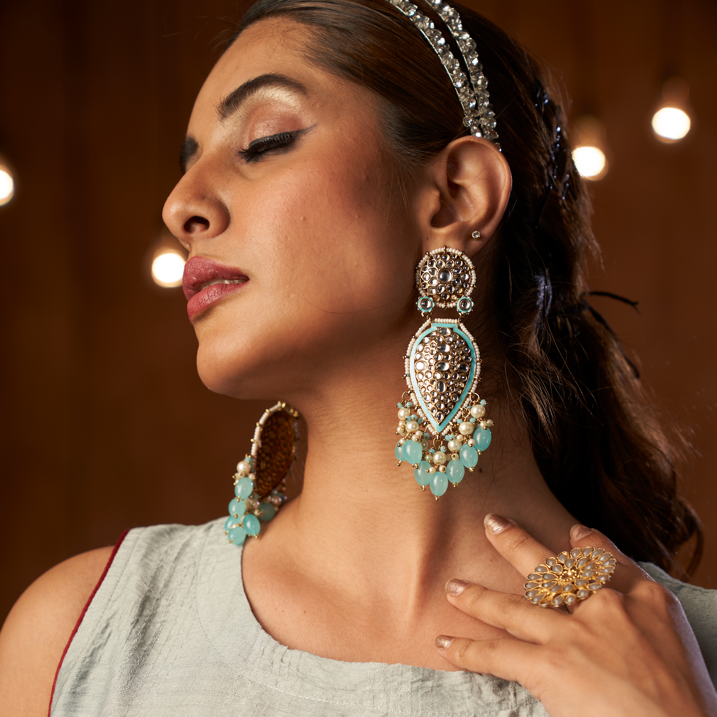JANNAT PEARL DROP DANGLER EARRINGS - SKY BLUE