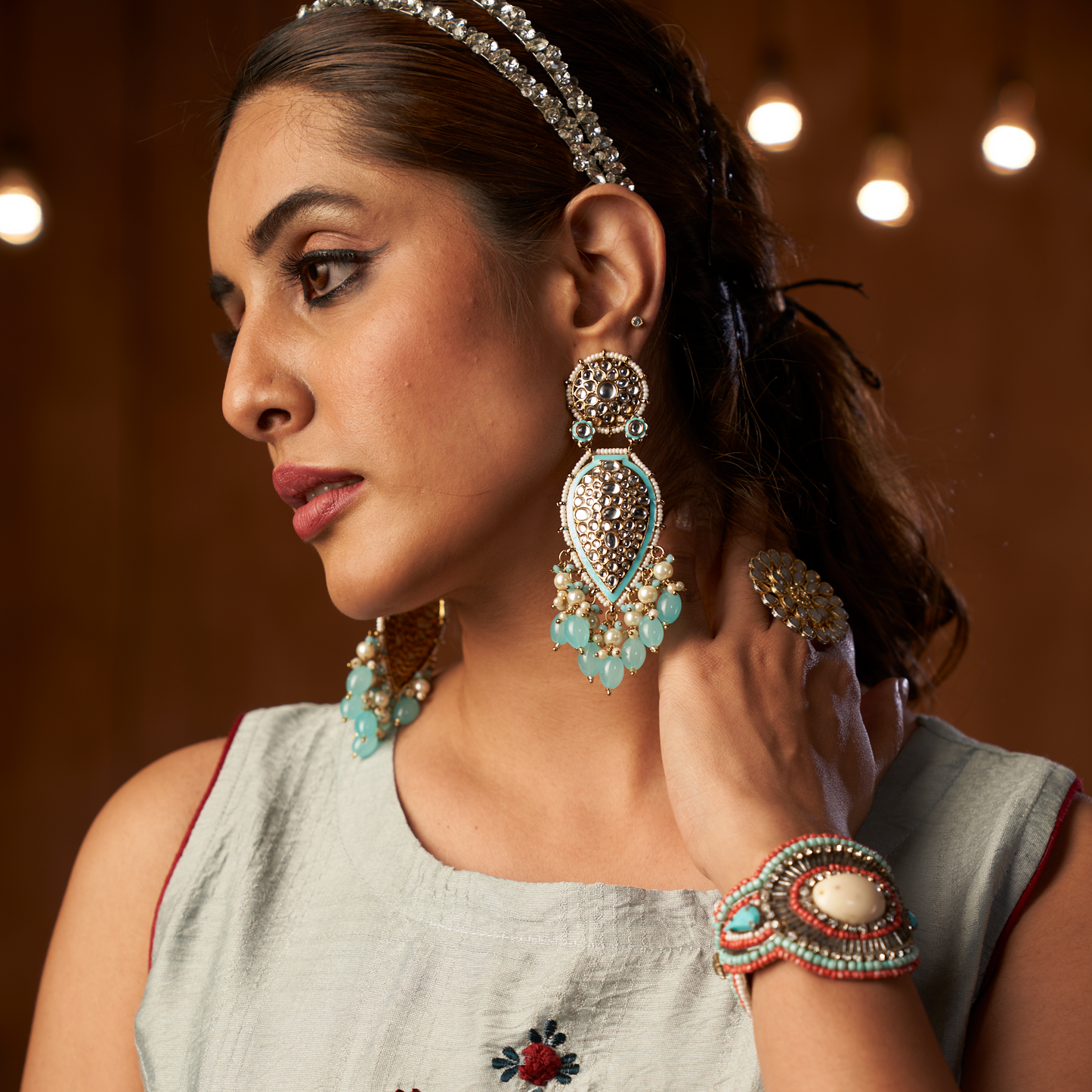 JANNAT PEARL DROP DANGLER EARRINGS - SKY BLUE