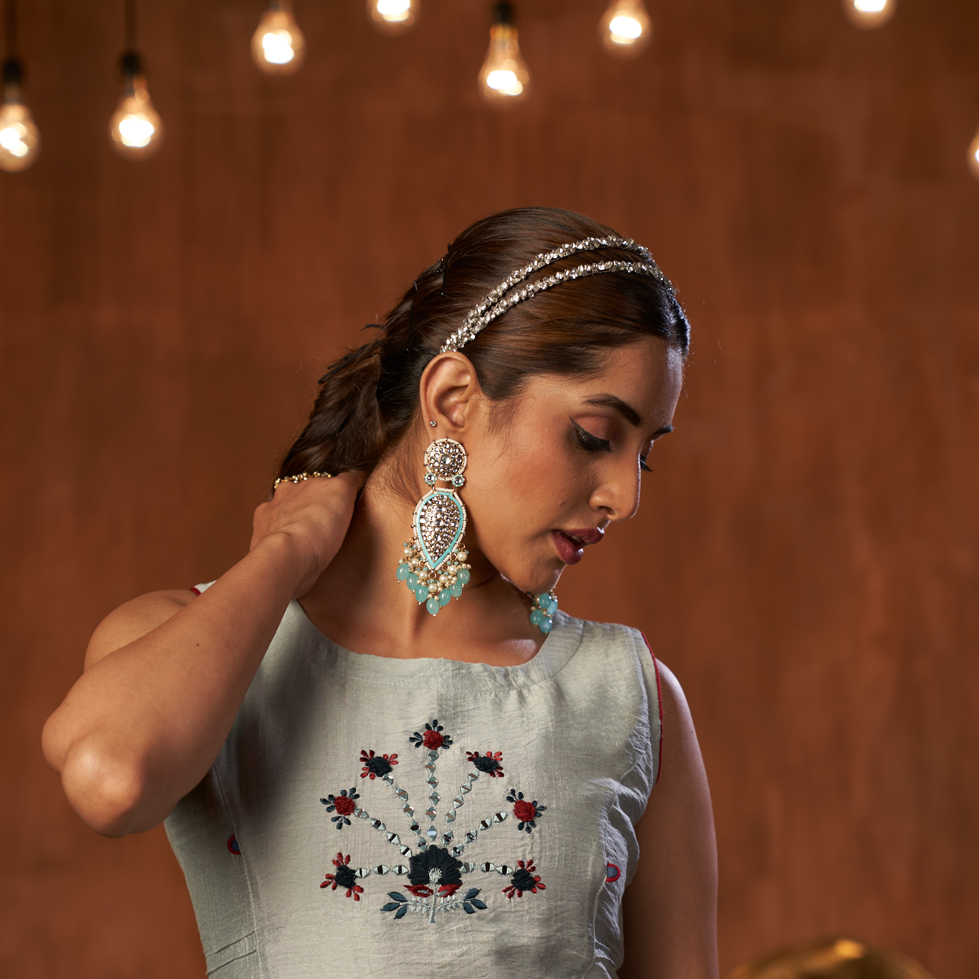 JANNAT PEARL DROP DANGLER EARRINGS - SKY BLUE