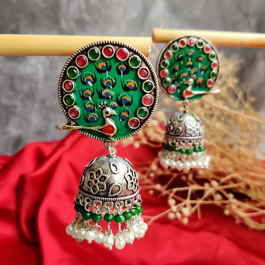 PEACOCK ZIRCON HAND-PAINTED SLA JHUMKA EARRINGS -GREEN & WHITE