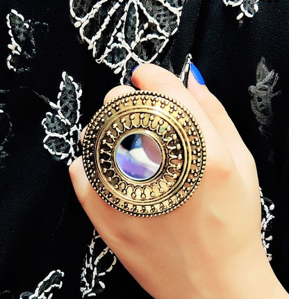 Traditional antique gold cocktail mirror adjustable ring featuring an oversized circular medallion with scalloped filigree borders