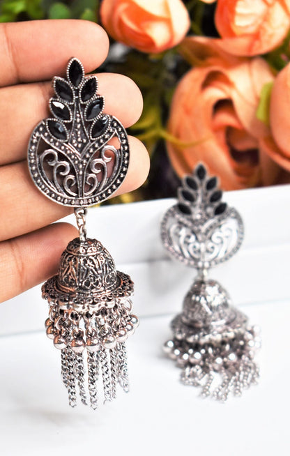 Silver Black stone studded KGS Jhumka Earring