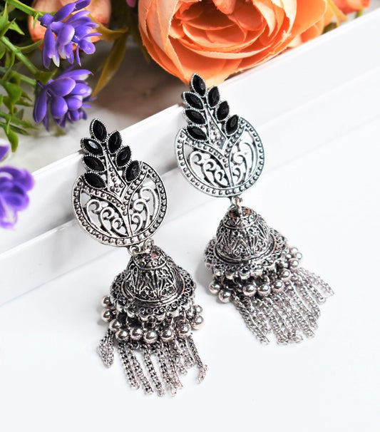 SILVER BLACK STONE STUDDED KGS JHUMKA EARRING