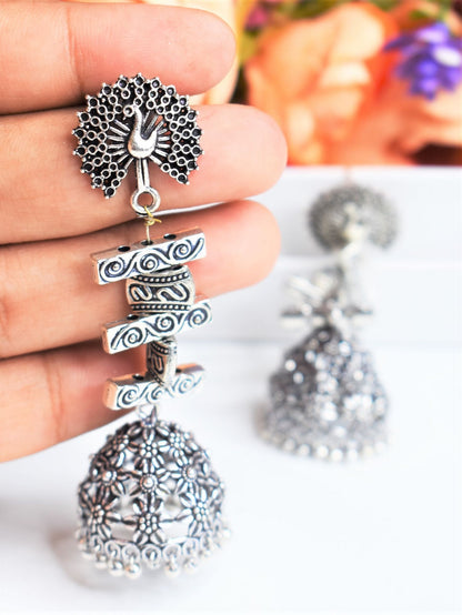 Silver GS Peacock Stud Embellished Jhumka Earring