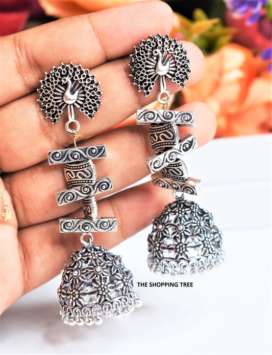 SILVER GS PEACOCK STUD EMBELLISHED JHUMKA EARRING