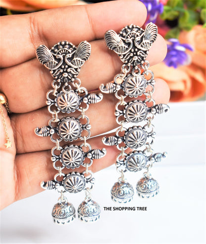 Double Peacock Stud Embellished Multi Layered Jhumka Earring
