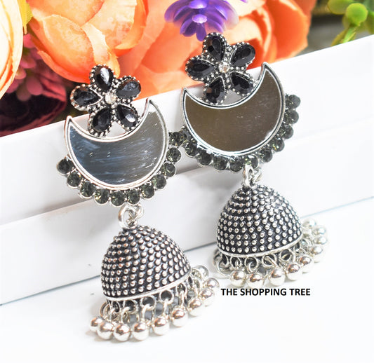 Black stone flower studded Mirror Chandbali Earring