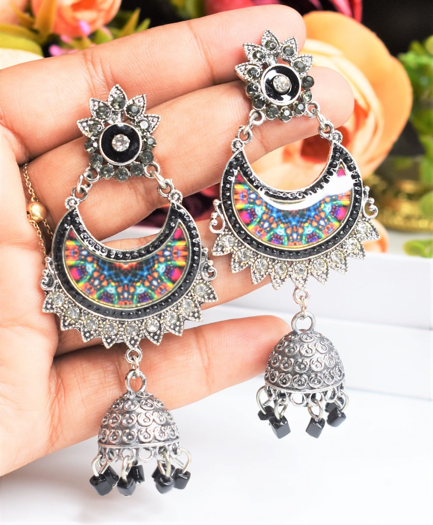 Silver Graphic Jhumka Earring