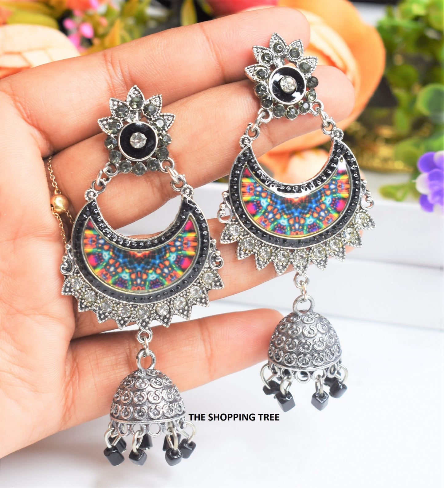 Silver Graphic Jhumka Earring