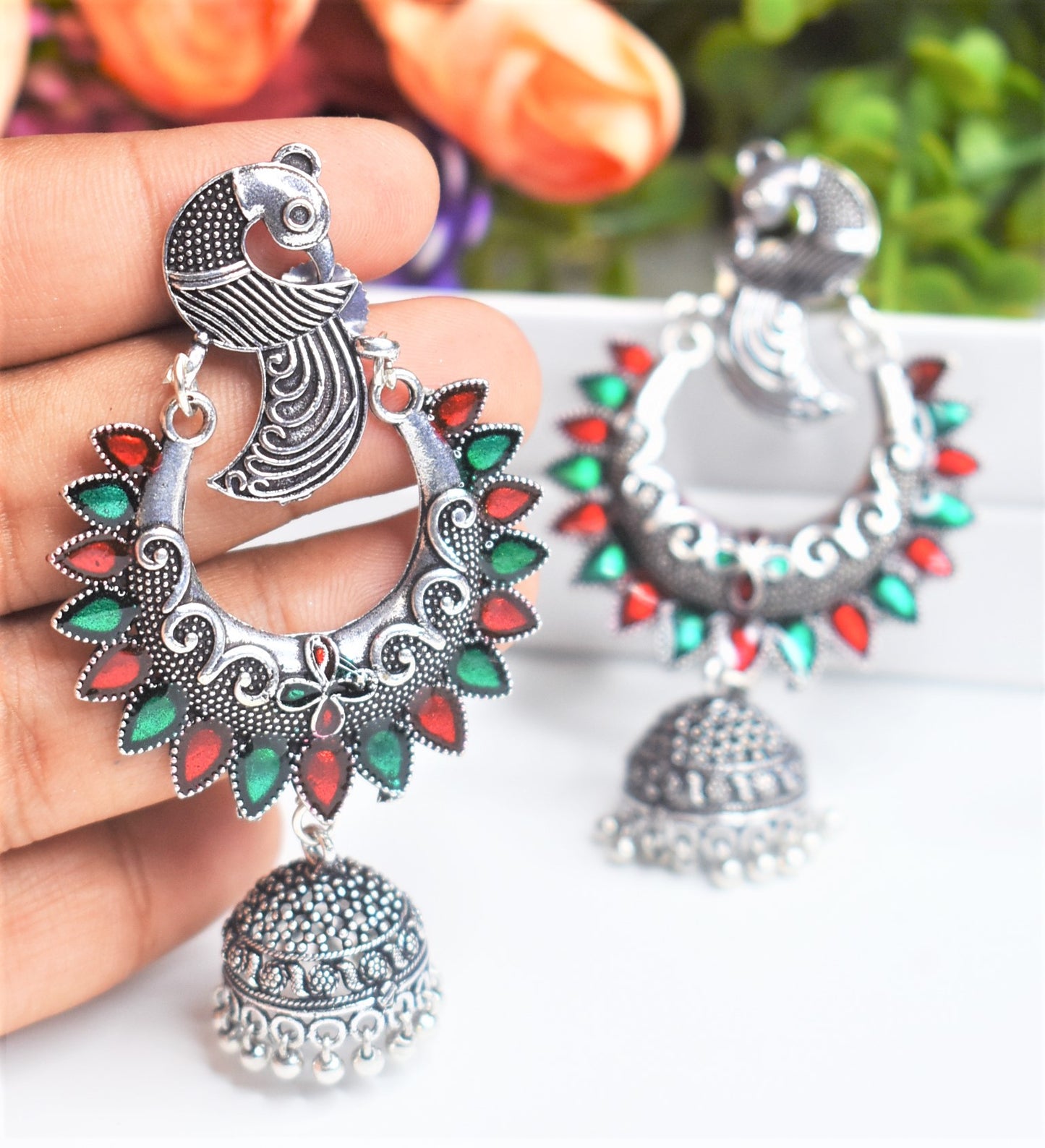 SILVER PEACOCK JHUMKA EARRINGS