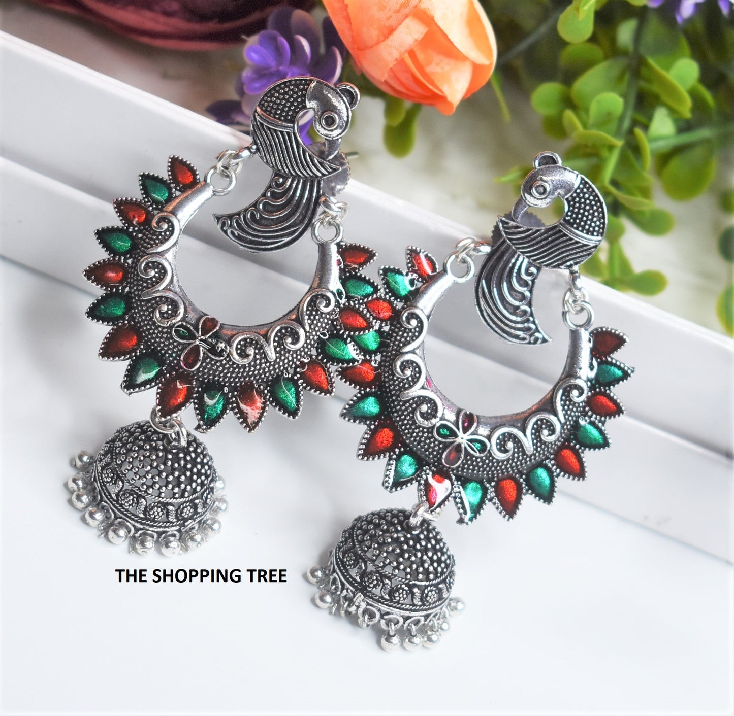 SILVER PEACOCK JHUMKA EARRINGS