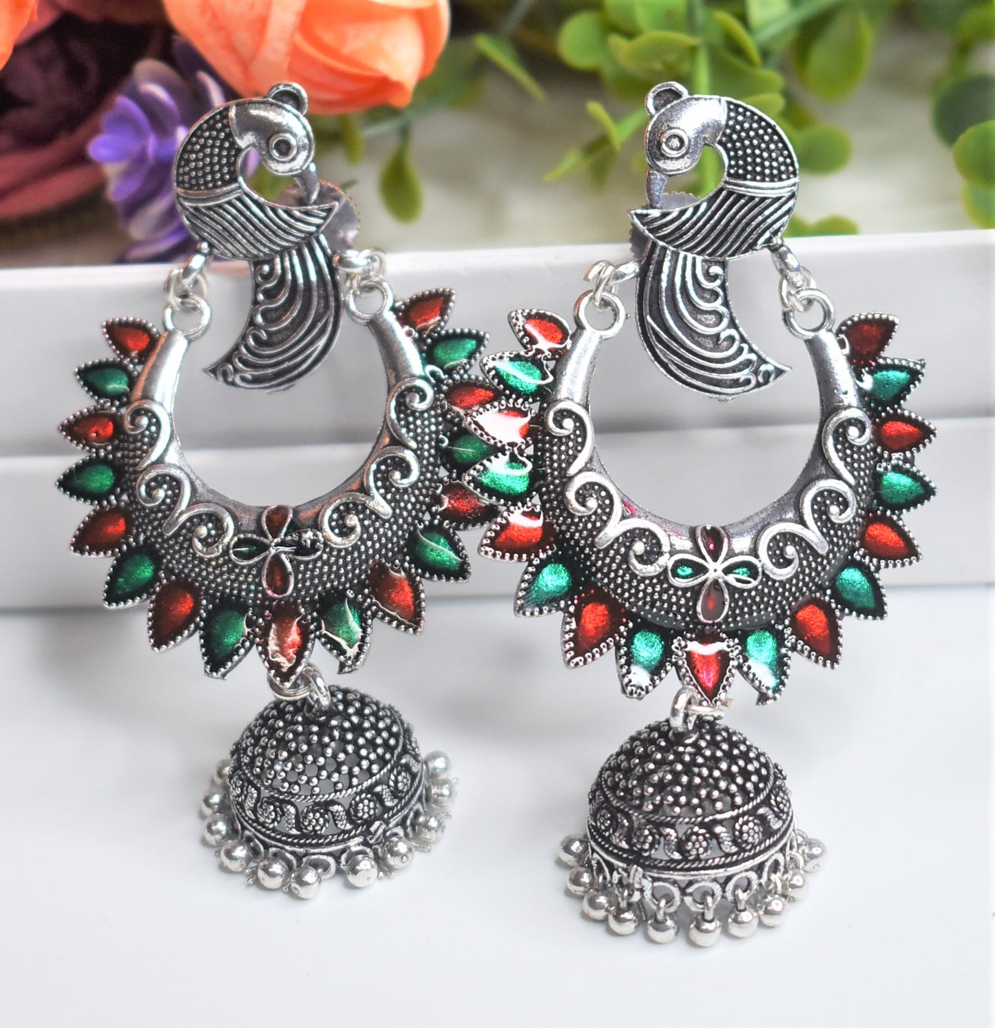 SILVER PEACOCK JHUMKA EARRINGS