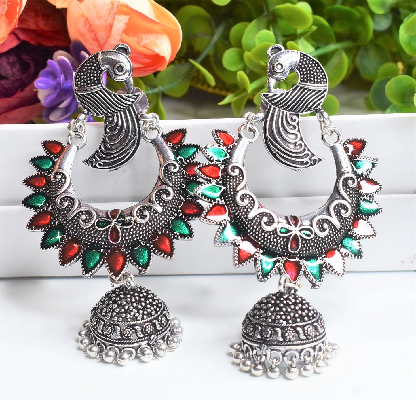 SILVER PEACOCK JHUMKA EARRINGS