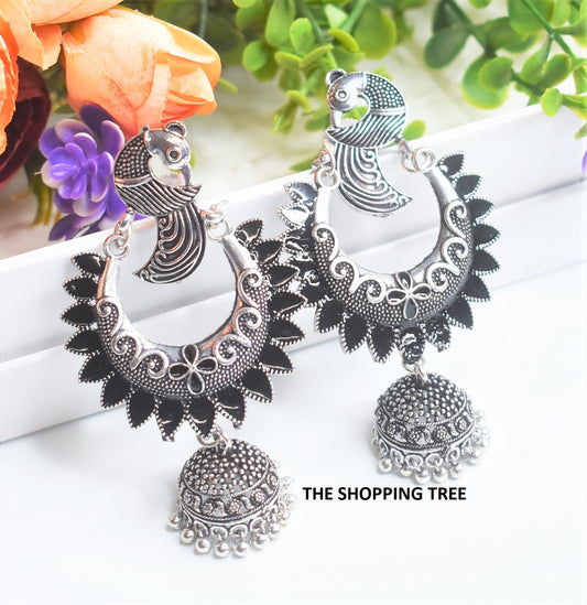 BLACK STONE STUDDED SILVER GS JHUMKA EARRING