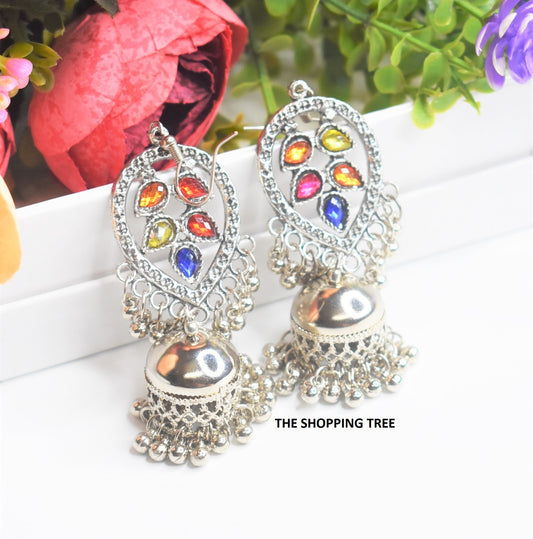 SILVER HANGING OXIDISE JHUMKA EARRINGS