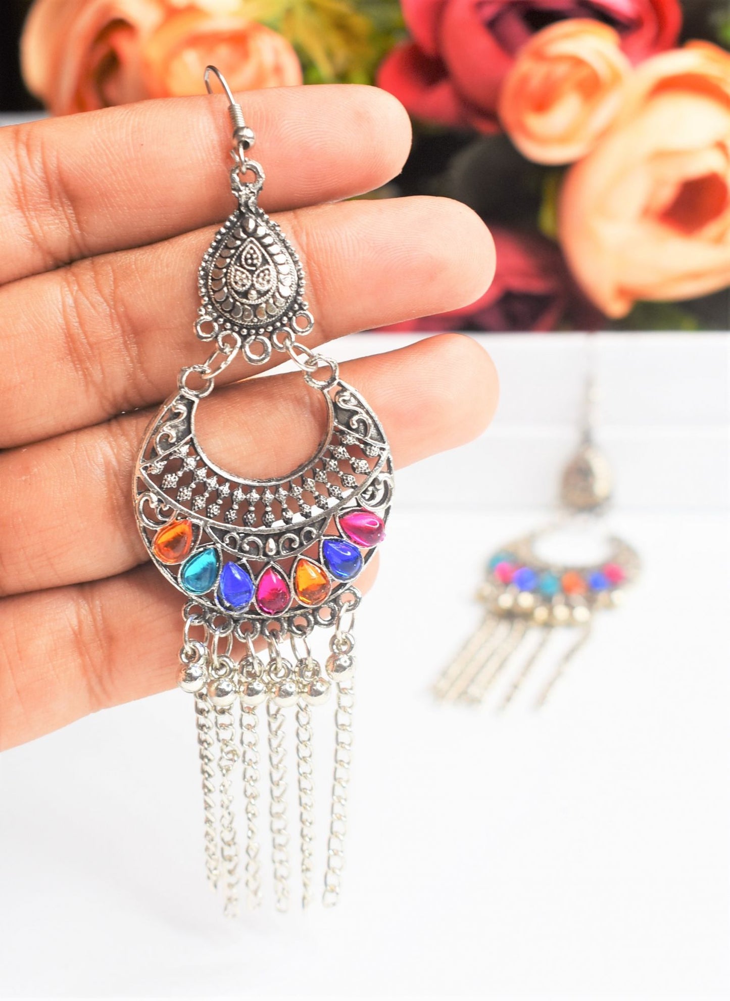 MEENA SILVER OXIDISE EARRINGS