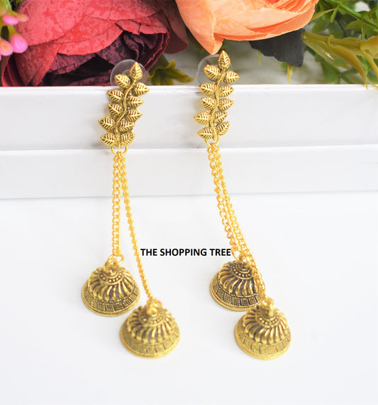 GOLDEN OXIDISE DOUBLE JHUMKA EARRINGS