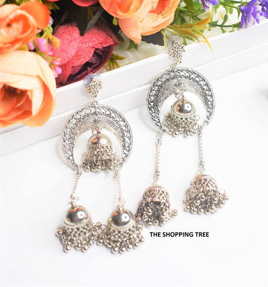 TRIPLE JHUMKA SILVER OXIDISE EARRINGS