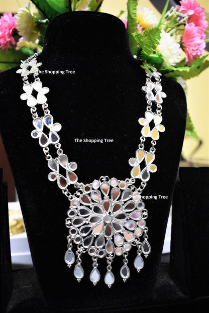 Hand Cut Glass Mirror Oxidised Necklace Set