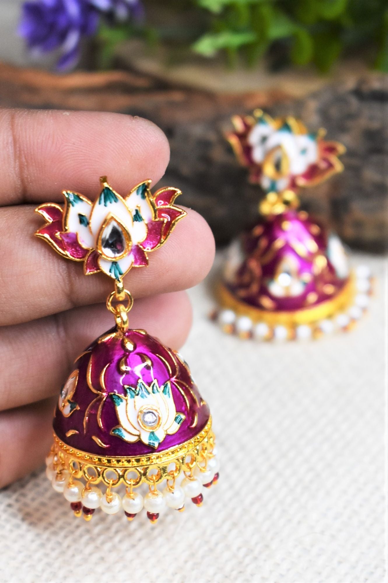 PURPLE MEENAKARI LOTUS STUD JHUMKA EARRING