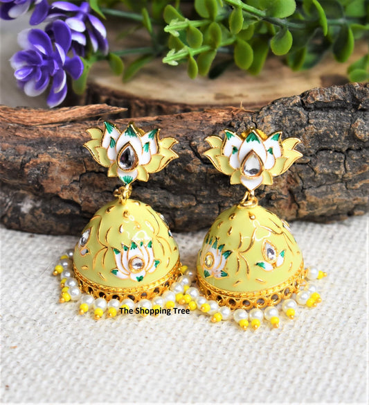 YELLOW MEENAKARI LOTUS JHUMKA EARRING - Lemon Yellow
