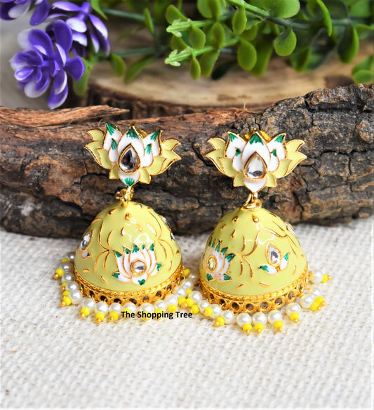 YELLOW MEENAKARI LOTUS JHUMKA EARRING