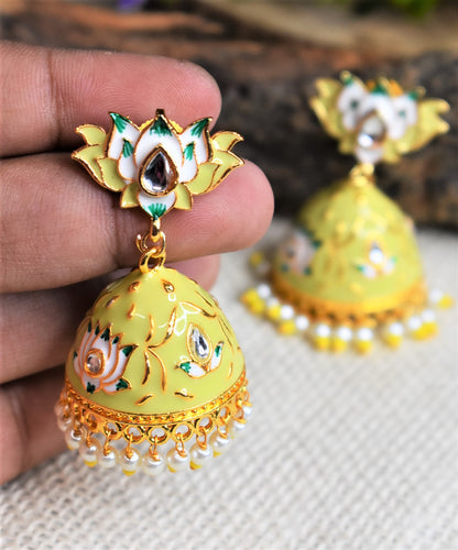 YELLOW MEENAKARI LOTUS JHUMKA EARRING - Lemon Yellow