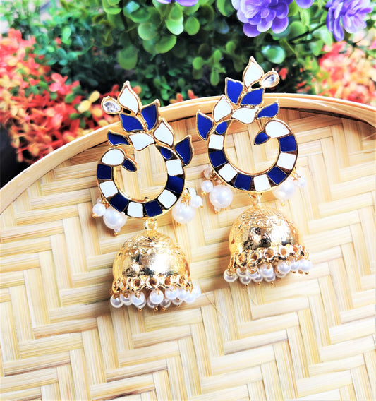 Peacock Golden Jhumka Earring - Blue