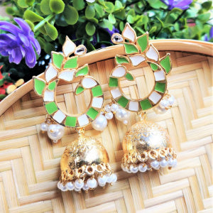 Peacock Golden Jhumka Earring - Green