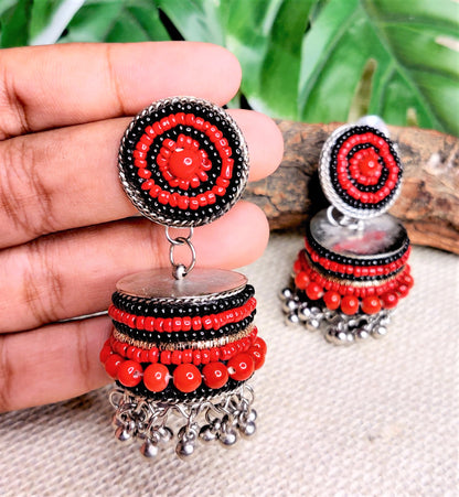 Pearl Beads Oxidised Jhumka Earring