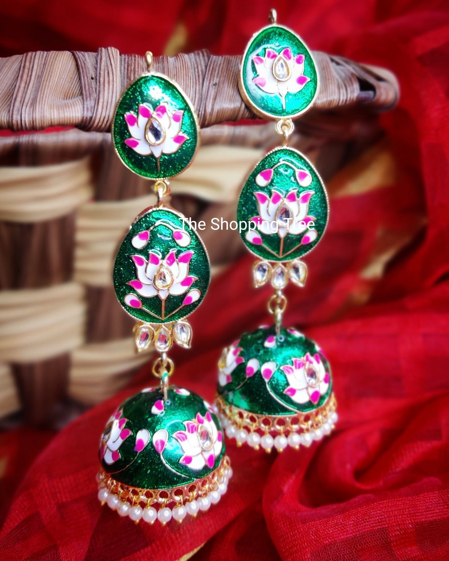 MEENAKARI LOTUS JHUMKI- GREEN