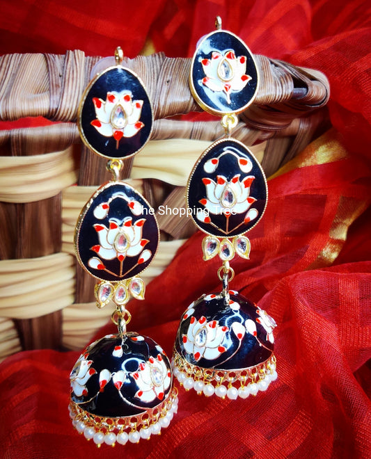 MEENAKARI LOTUS EARRING- BLACK