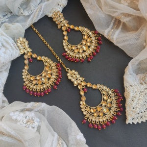 ""KANJI'' GOLDEN LCT EARRINGS MANGTIKA SET - PINK