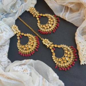 ""KANJI'' GOLDEN LCT EARRINGS MANGTIKA SET - PINK