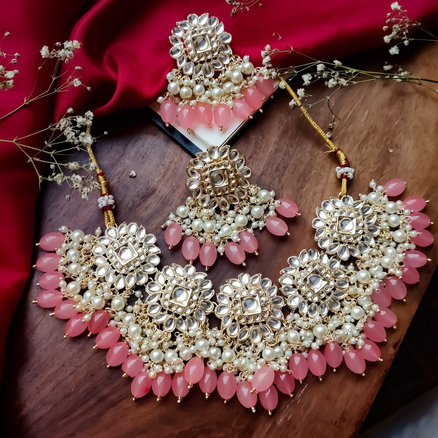 Arshi Kundan Pearl Necklace Set - Blush Pink