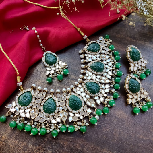 ANUPAMA MIRROR & CARVED STONE NECKLACE SET - GREEN