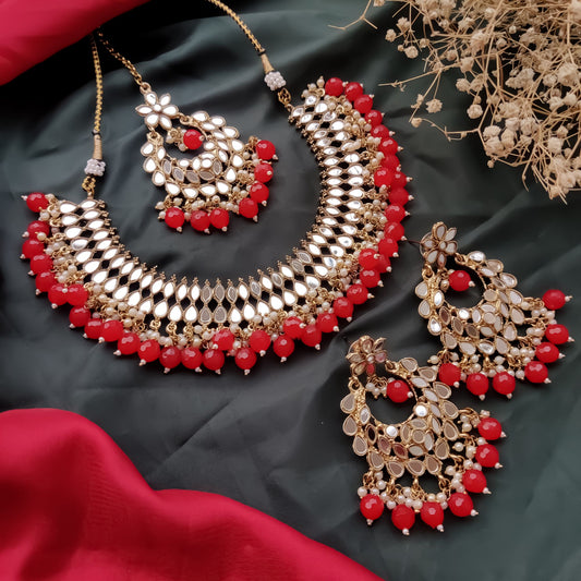 Shrishti Mirror Pearl Necklace Set - Red