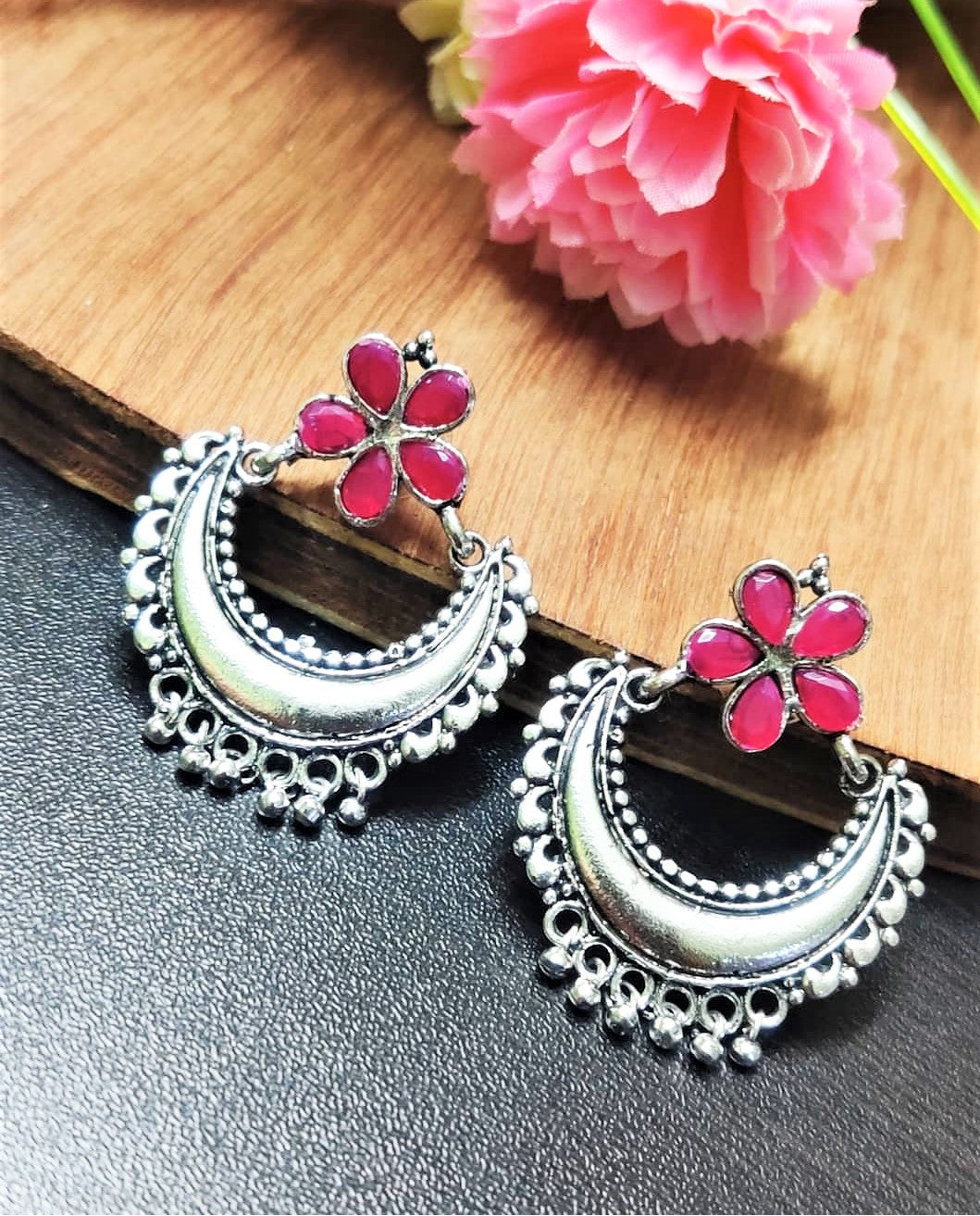 SILVER PINK FLOWER STUD OXIDIZED EARRING