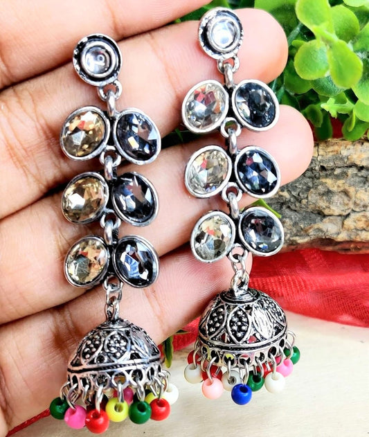 DUAL COLOUR STONE STUDDED HOTSELLING JHUMKA EARRING