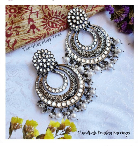BLACK METAL KUNDAN CHANDBALI EARRING